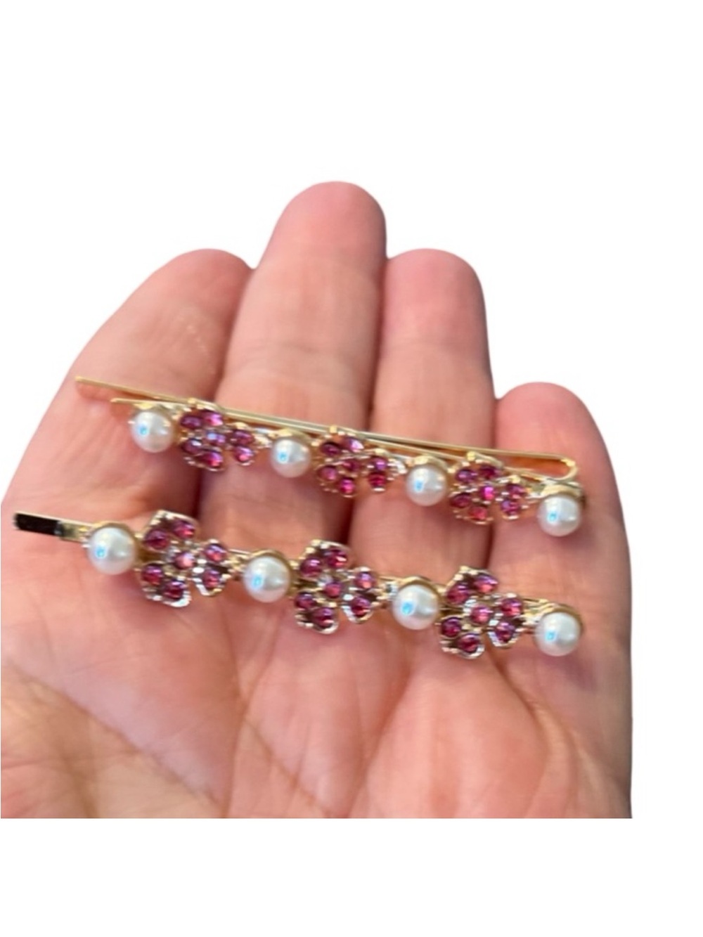Gold Hair Pins with Pink Crystal Flowers and Pearls FINAL PRICE DROP